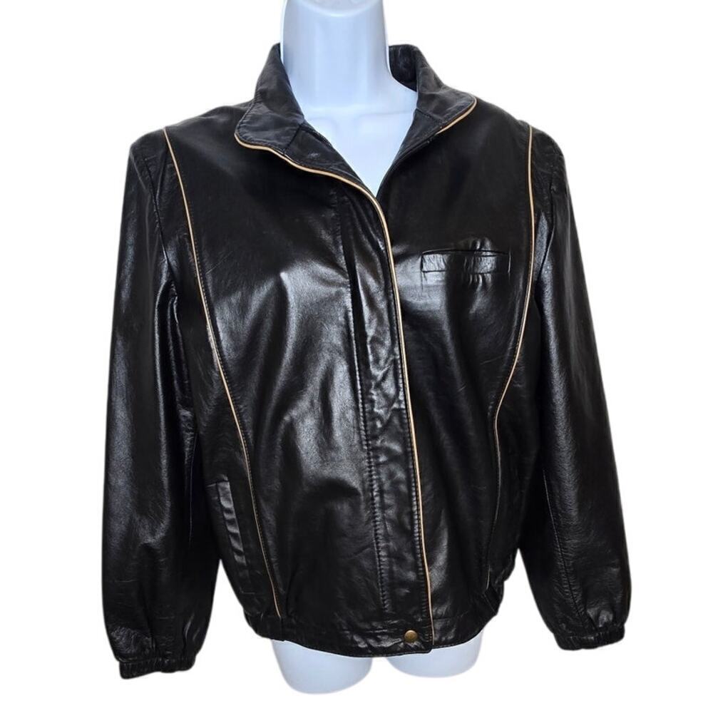 VTG Opera Black Leather Bomber Jacket Tan Trim Lined Made in USA Coat Women's M